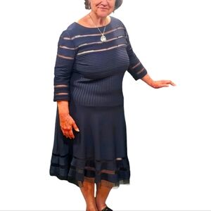 Tadashi Shoji Plus Illusion Mesh Fit & Flare 3/4 Sleeve Navy Cocktail Dress 2X